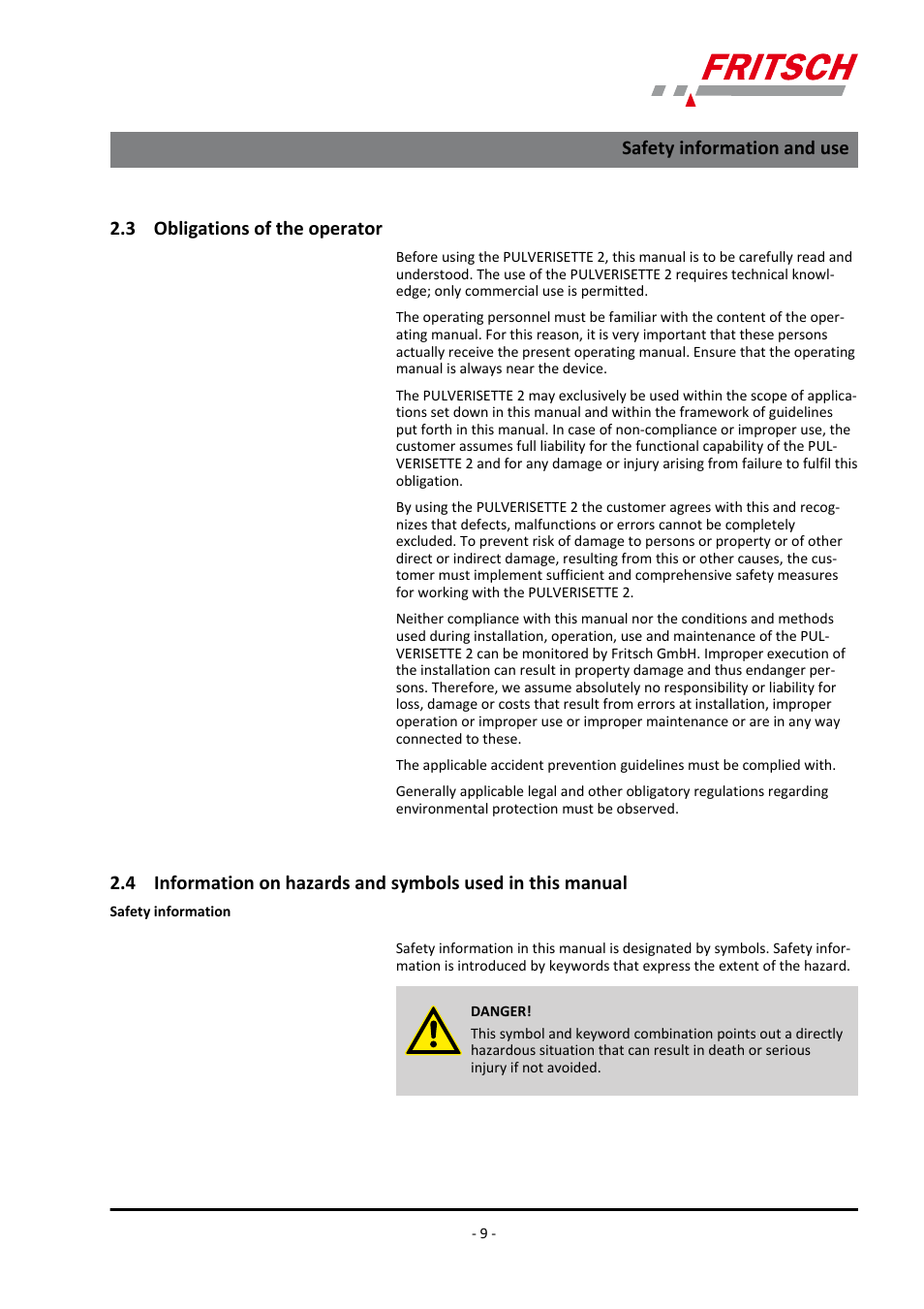 3 obligations of the operator, Safety information and use | FRITSCH PULVERISETTE 2 User Manual | Page 9 / 48