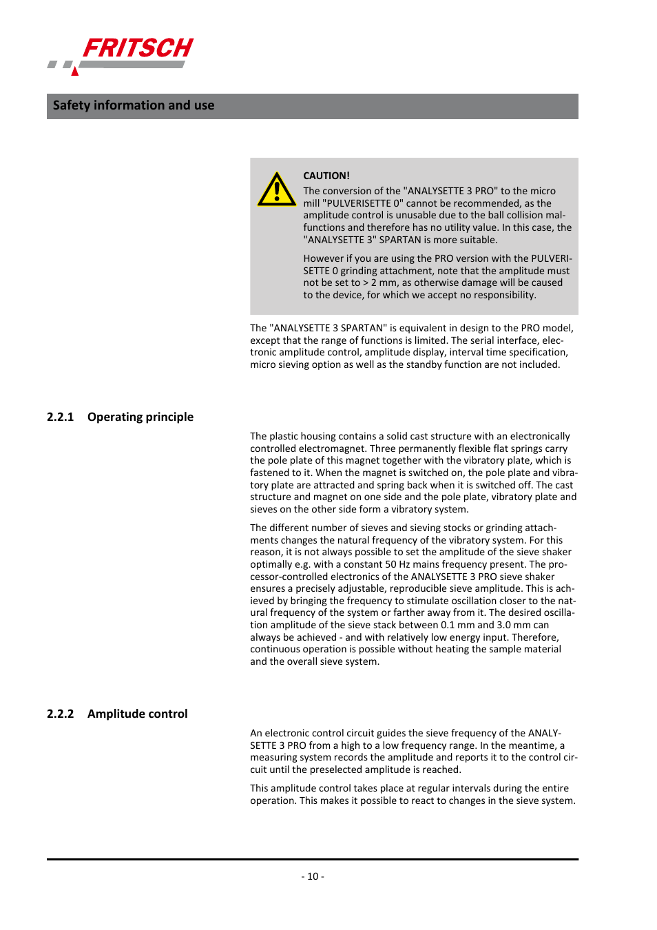 1 operating principle, 2 amplitude control, 1 operating principle 2.2.2 amplitude control | Safety information and use | FRITSCH ANALYSETTE 3 PRO User Manual | Page 10 / 56