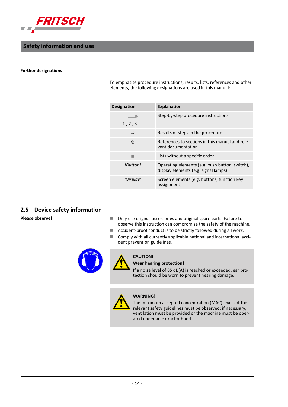 5 device safety information, Safety information and use | FRITSCH ANALYSETTE 3 PRO User Manual | Page 14 / 56