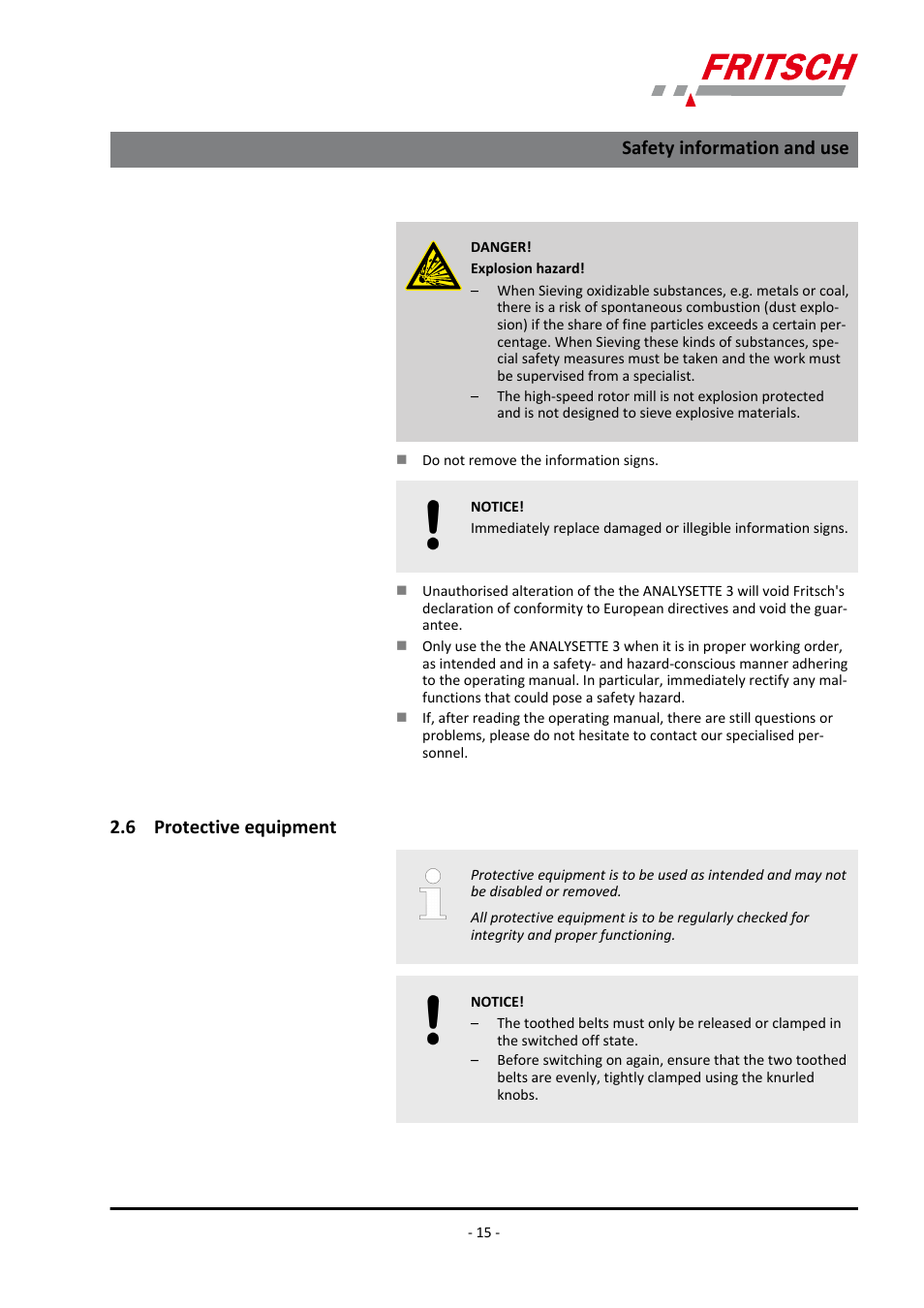 6 protective equipment, Safety information and use | FRITSCH ANALYSETTE 3 PRO User Manual | Page 15 / 56