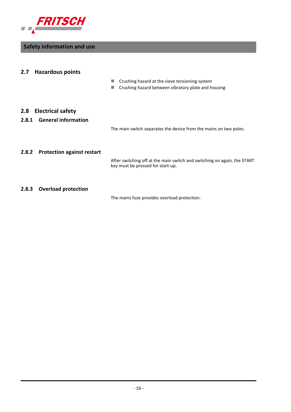 7 hazardous points, 8 electrical safety, 1 general information | 2 protection against restart, 3 overload protection | FRITSCH ANALYSETTE 3 PRO User Manual | Page 16 / 56