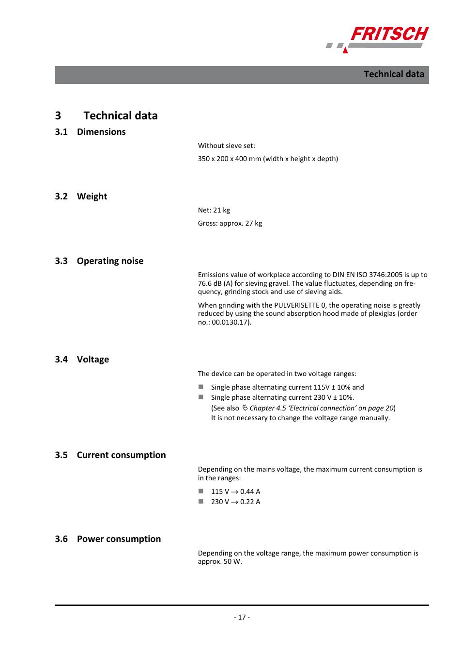 3 technical data, 1 dimensions, 2 weight | 3 operating noise, 4 voltage, 5 current consumption, 6 power consumption, 3technical data | FRITSCH ANALYSETTE 3 PRO User Manual | Page 17 / 56