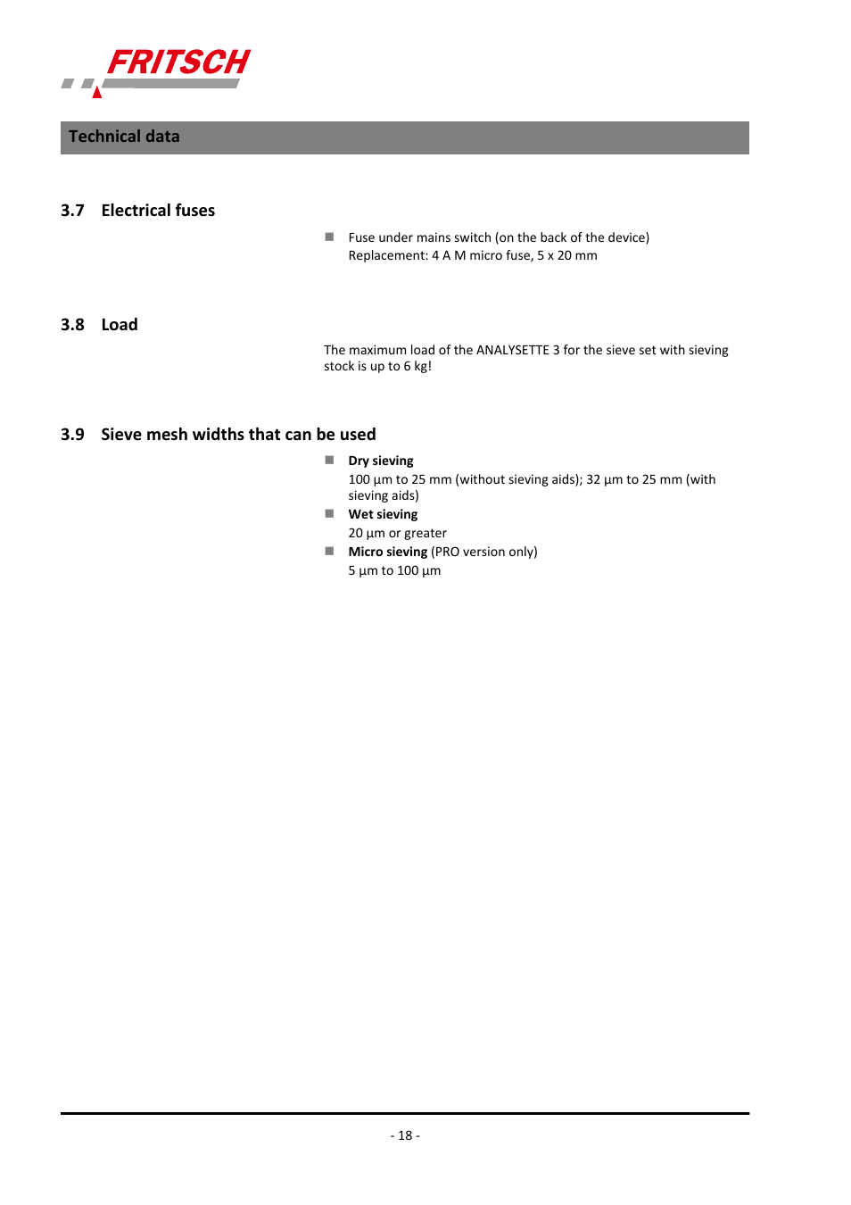 7 electrical fuses, 8 load, 9 sieve mesh widths that can be used | FRITSCH ANALYSETTE 3 PRO User Manual | Page 18 / 56