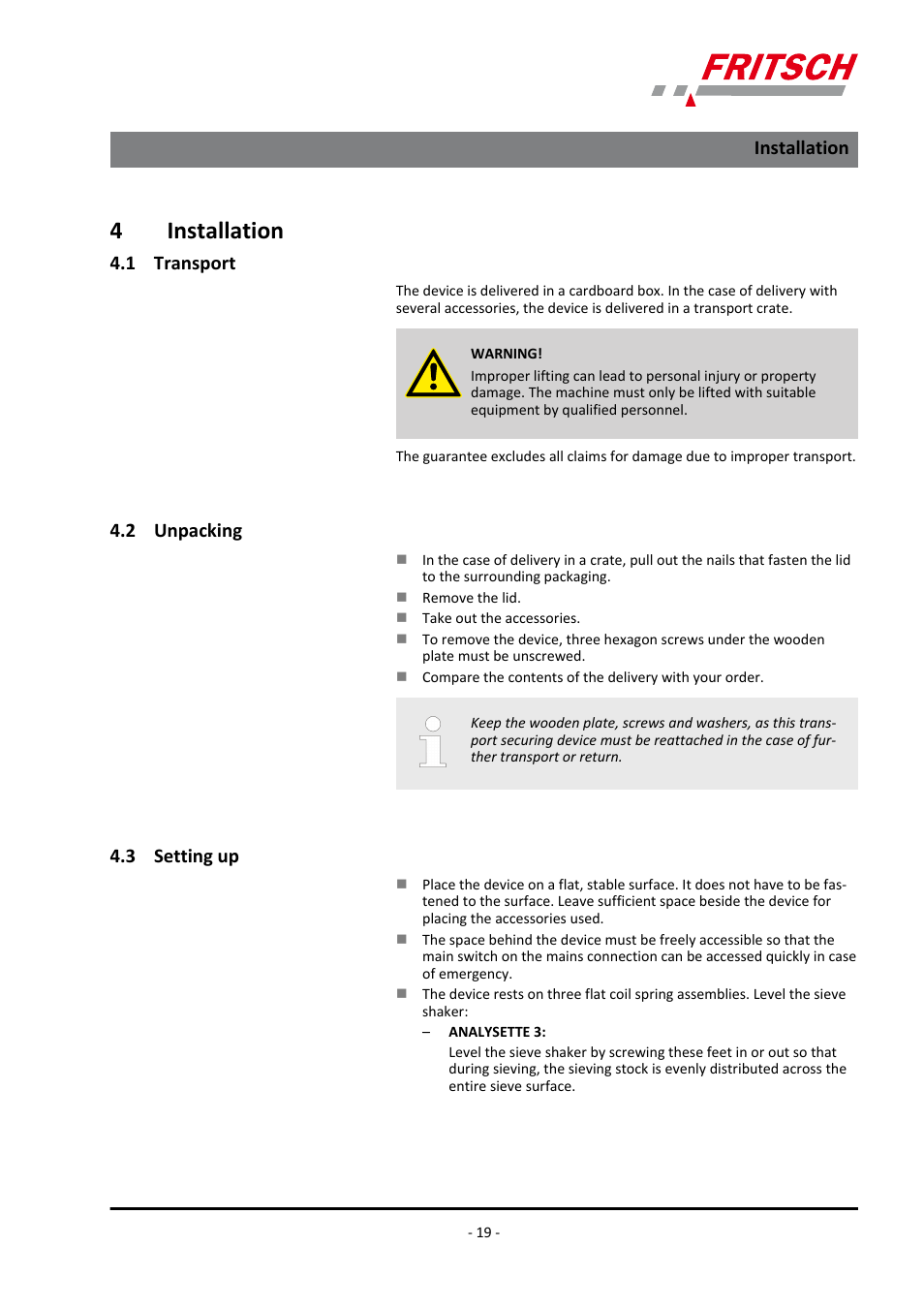 4 installation, 1 transport, 2 unpacking | 3 setting up, 4installation | FRITSCH ANALYSETTE 3 PRO User Manual | Page 19 / 56