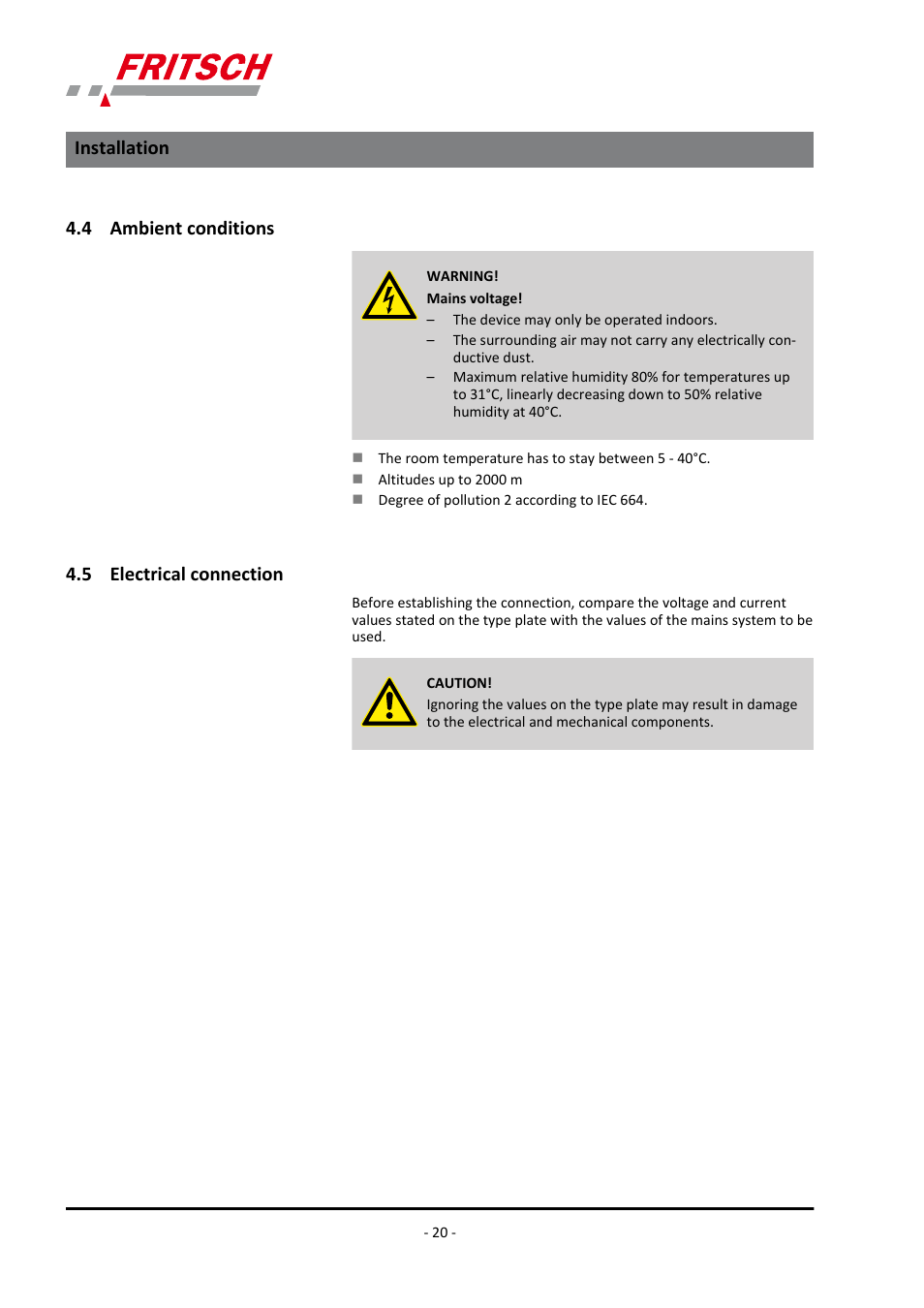 4 ambient conditions, 5 electrical connection, 4 ambient conditions 4.5 electrical connection | Installation | FRITSCH ANALYSETTE 3 PRO User Manual | Page 20 / 56