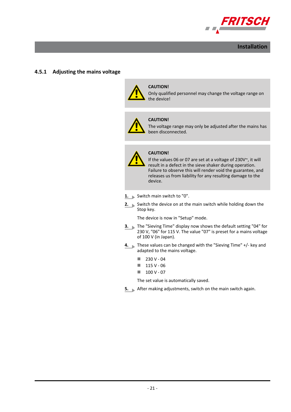 1 adjusting the mains voltage, Installation | FRITSCH ANALYSETTE 3 PRO User Manual | Page 21 / 56