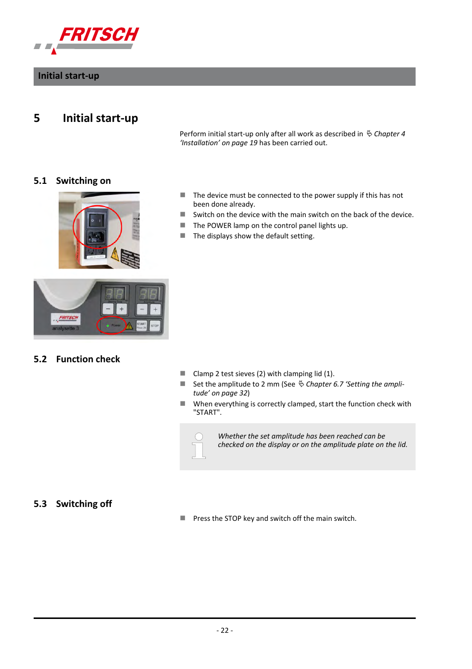 5 initial start-up, 1 switching on, 2 function check | 3 switching off, 5initial start-up | FRITSCH ANALYSETTE 3 PRO User Manual | Page 22 / 56