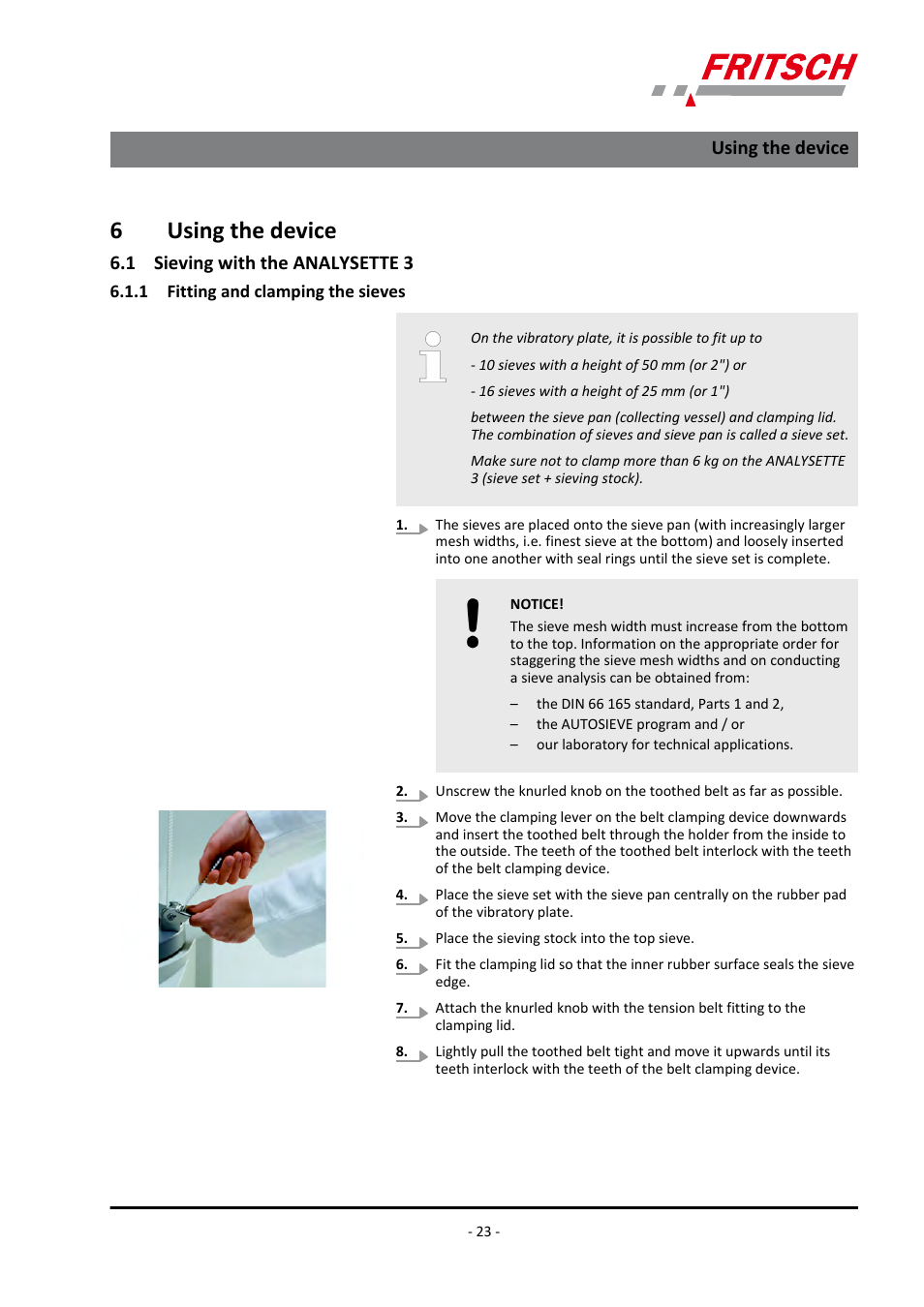 6 using the device, 1 sieving with the analysette 3, 1 fitting and clamping the sieves | 6using the device | FRITSCH ANALYSETTE 3 PRO User Manual | Page 23 / 56