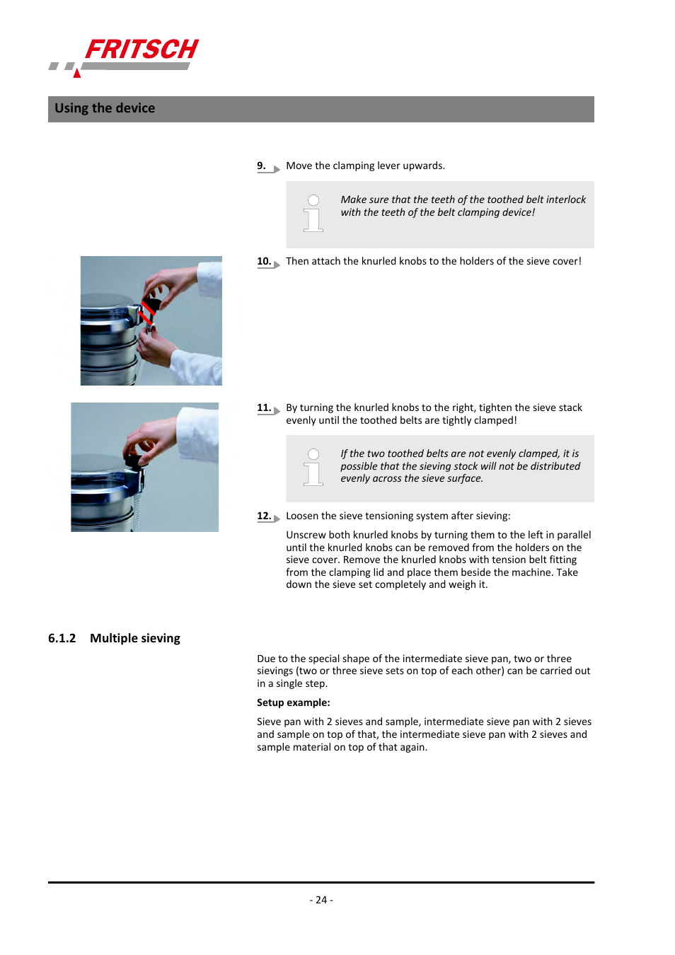 2 multiple sieving, Using the device | FRITSCH ANALYSETTE 3 PRO User Manual | Page 24 / 56