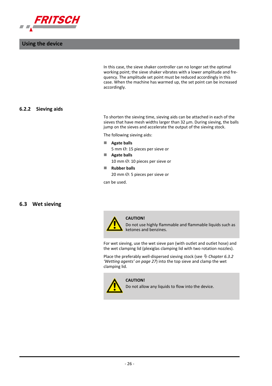 2 sieving aids, 3 wet sieving, 2 sieving aids 6.3 wet sieving | Using the device | FRITSCH ANALYSETTE 3 PRO User Manual | Page 26 / 56