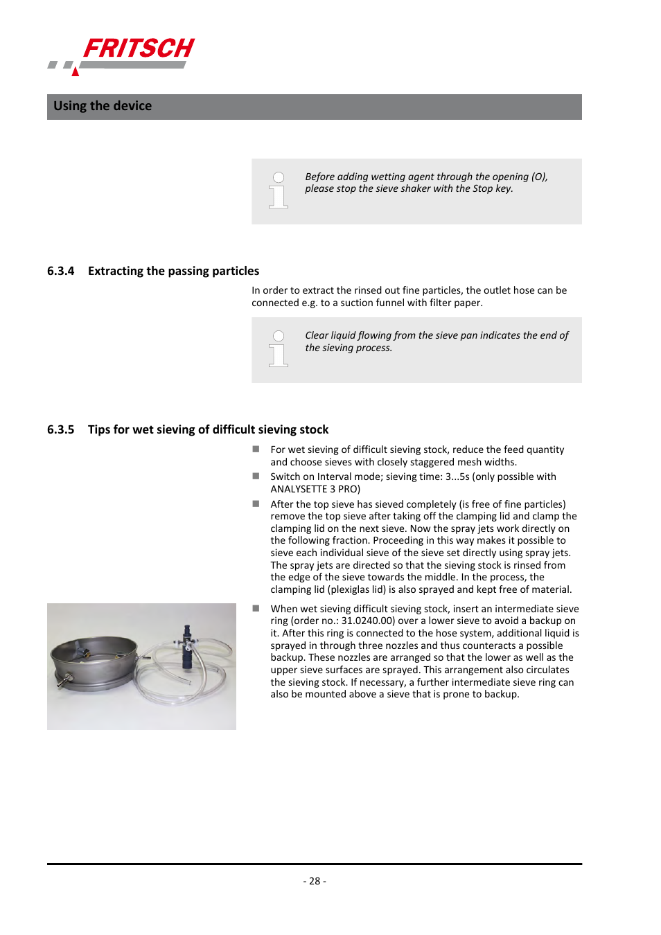 4 extracting the passing particles, 5 tips for wet sieving of difficult sieving stock, Using the device | FRITSCH ANALYSETTE 3 PRO User Manual | Page 28 / 56