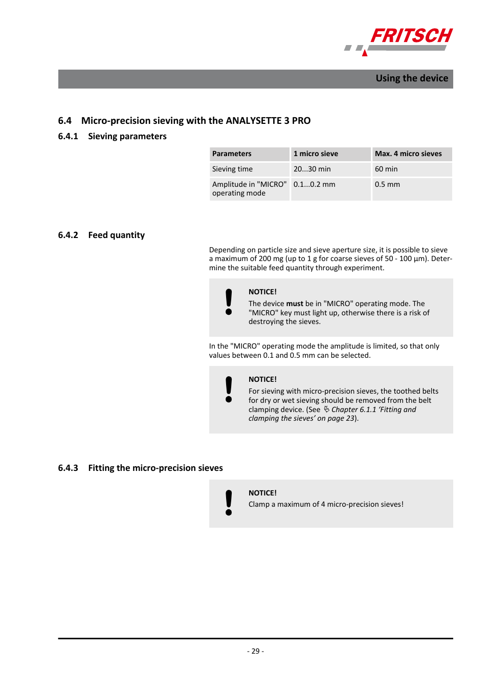 1 sieving parameters, 2 feed quantity, 3 fitting the micro-precision sieves | Using the device | FRITSCH ANALYSETTE 3 PRO User Manual | Page 29 / 56