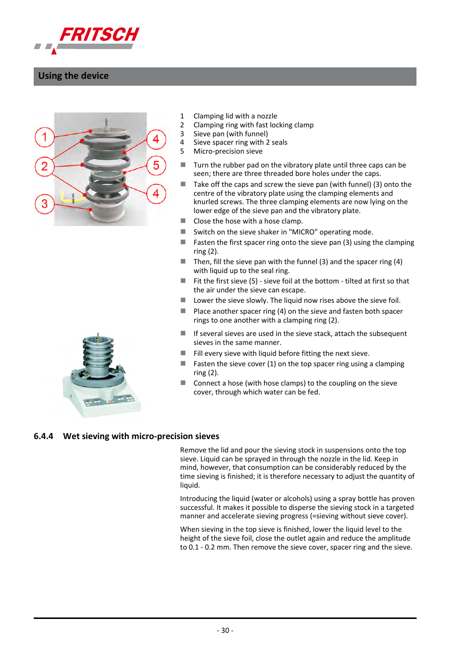 4 wet sieving with micro-precision sieves, Using the device | FRITSCH ANALYSETTE 3 PRO User Manual | Page 30 / 56