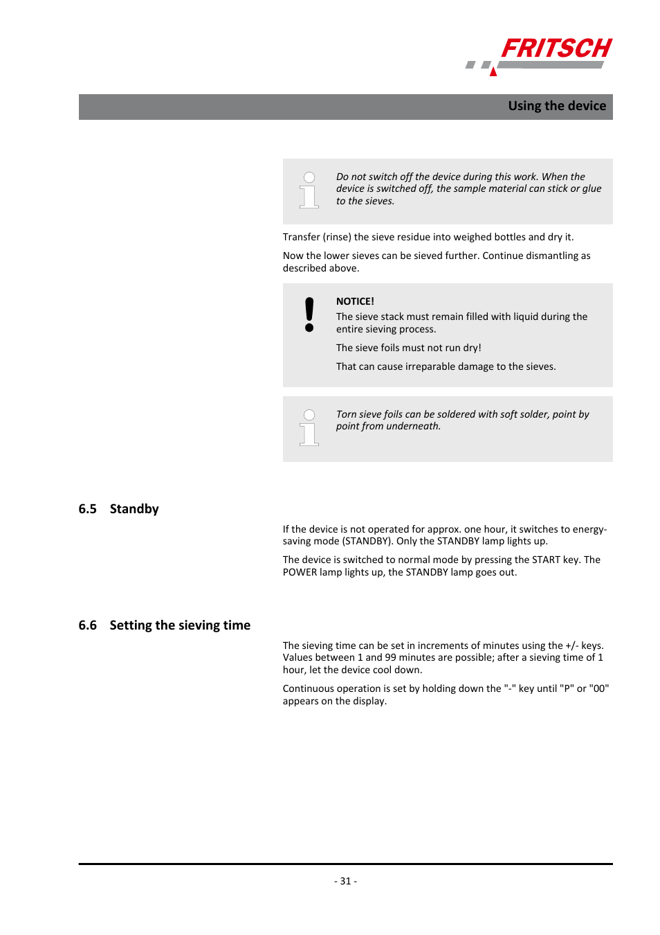 5 standby, 6 setting the sieving time, 5 standby 6.6 setting the sieving time | Using the device | FRITSCH ANALYSETTE 3 PRO User Manual | Page 31 / 56