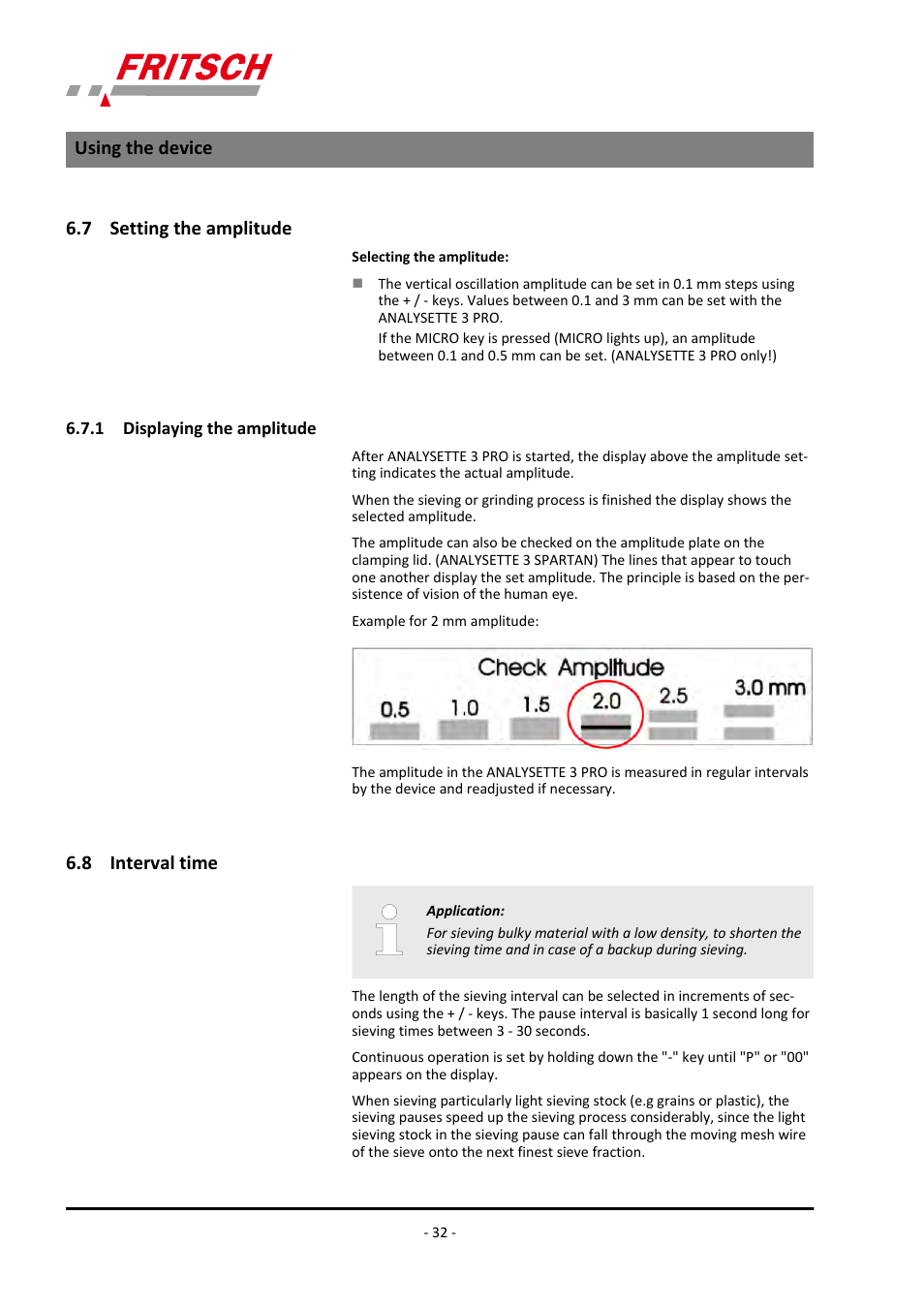 7 setting the amplitude, 1 displaying the amplitude, 8 interval time | Ä chapter 6.7 ‘setting the ampli, Using the device | FRITSCH ANALYSETTE 3 PRO User Manual | Page 32 / 56