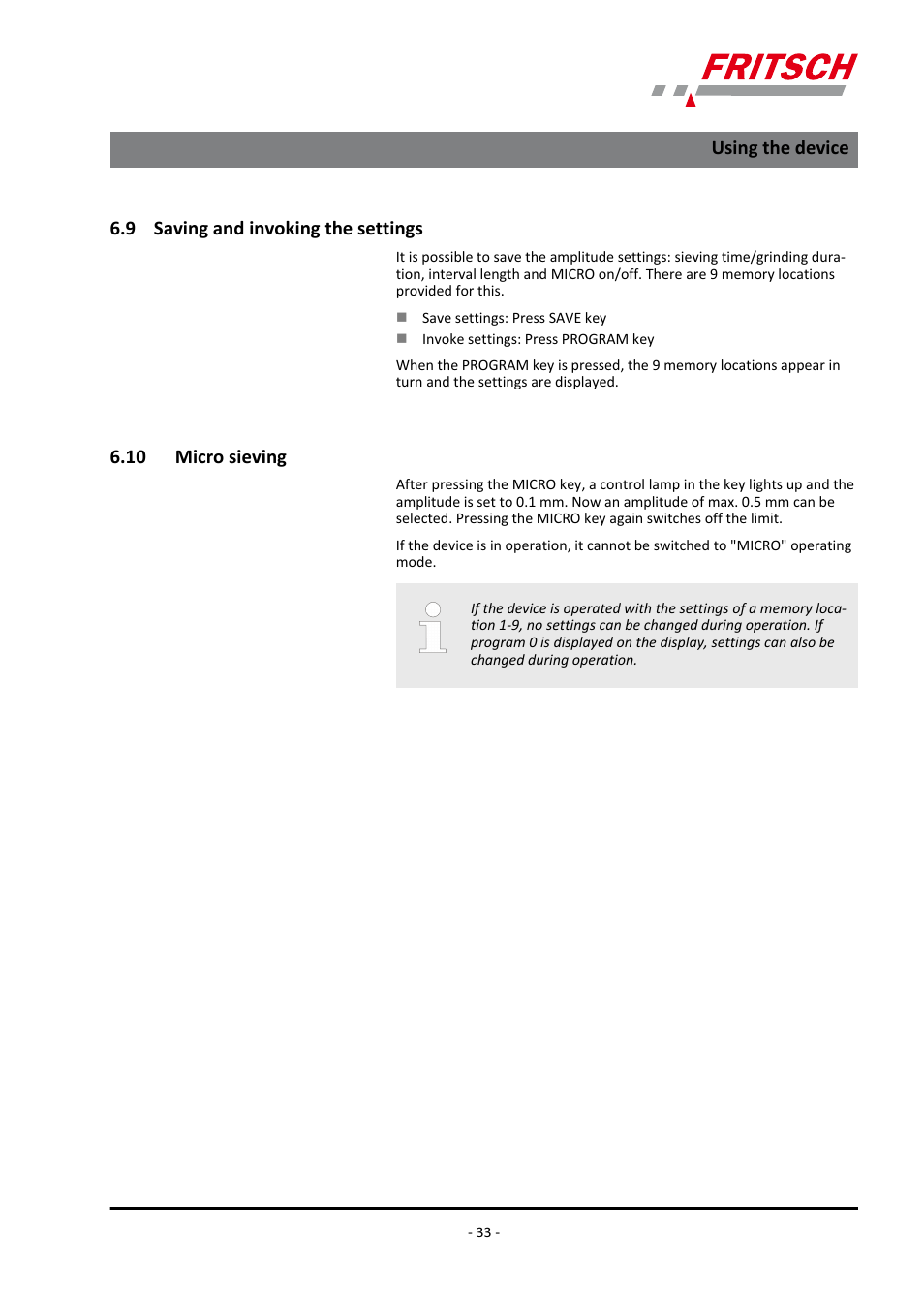 9 saving and invoking the settings, 10 micro sieving, Using the device | FRITSCH ANALYSETTE 3 PRO User Manual | Page 33 / 56