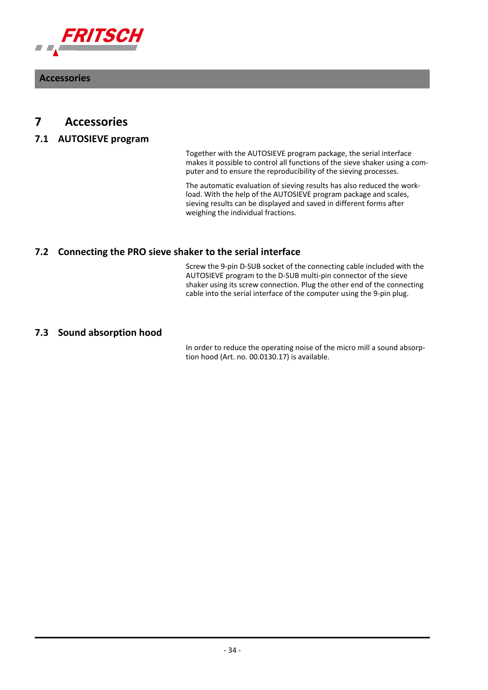 7 accessories, 1 autosieve program, 3 sound absorption hood | 7accessories | FRITSCH ANALYSETTE 3 PRO User Manual | Page 34 / 56