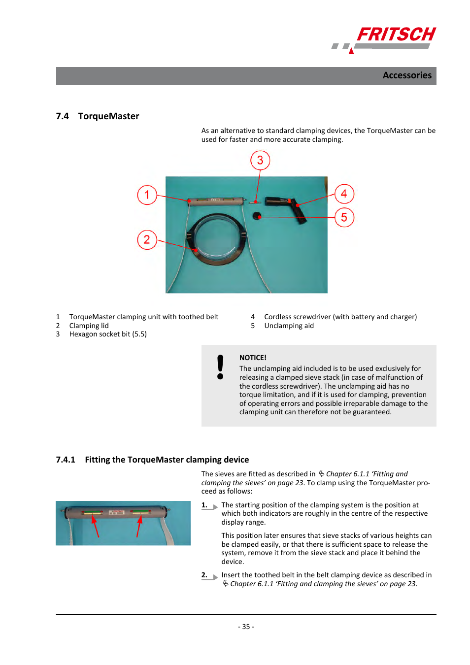 4 torquemaster, 1 fitting the torquemaster clamping device, Accessories | FRITSCH ANALYSETTE 3 PRO User Manual | Page 35 / 56