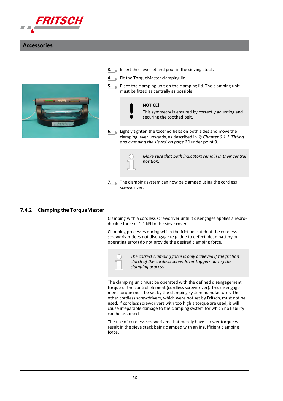 2 clamping the torquemaster, Accessories | FRITSCH ANALYSETTE 3 PRO User Manual | Page 36 / 56