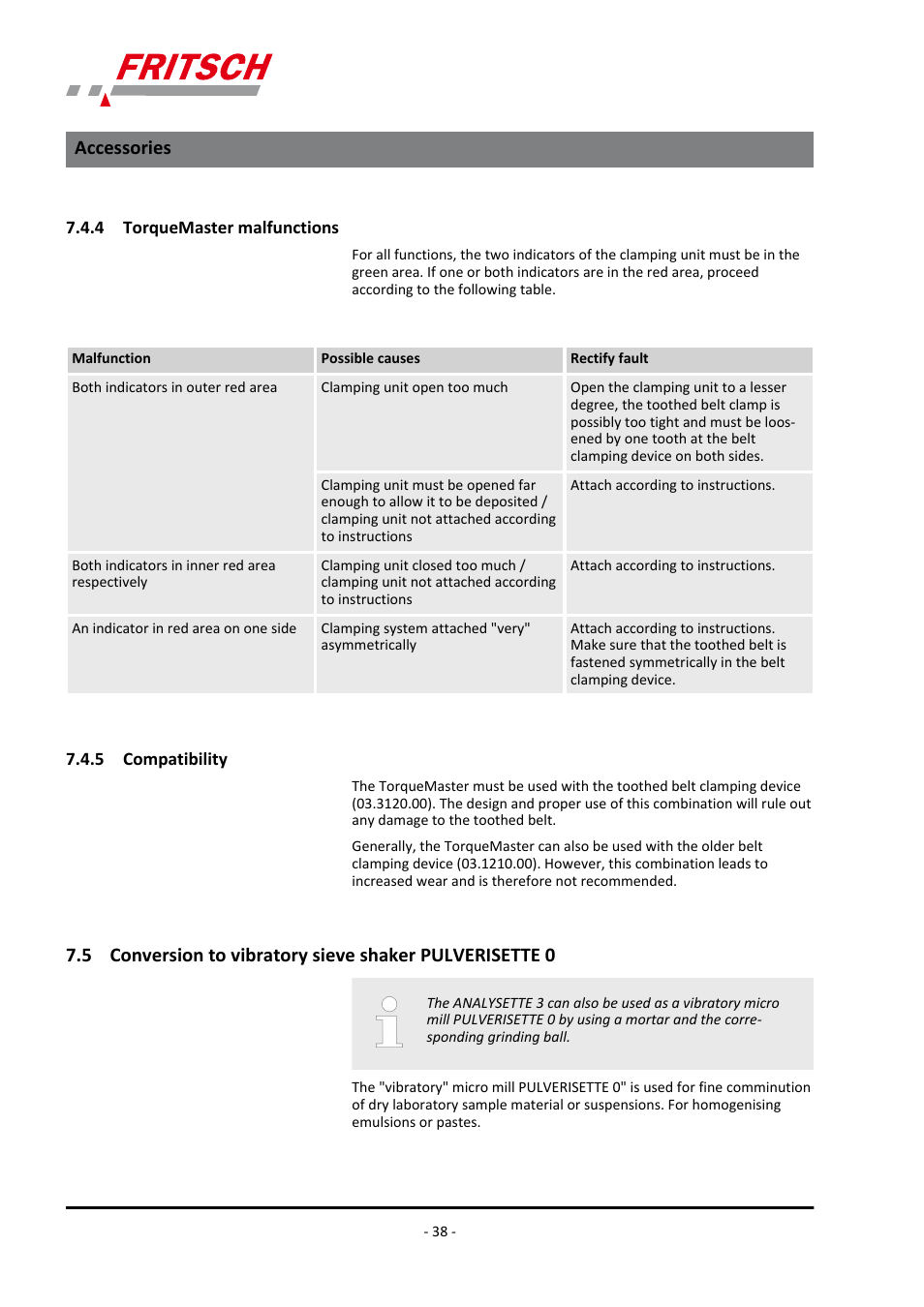 4 torquemaster malfunctions, 5 compatibility, Accessories | FRITSCH ANALYSETTE 3 PRO User Manual | Page 38 / 56