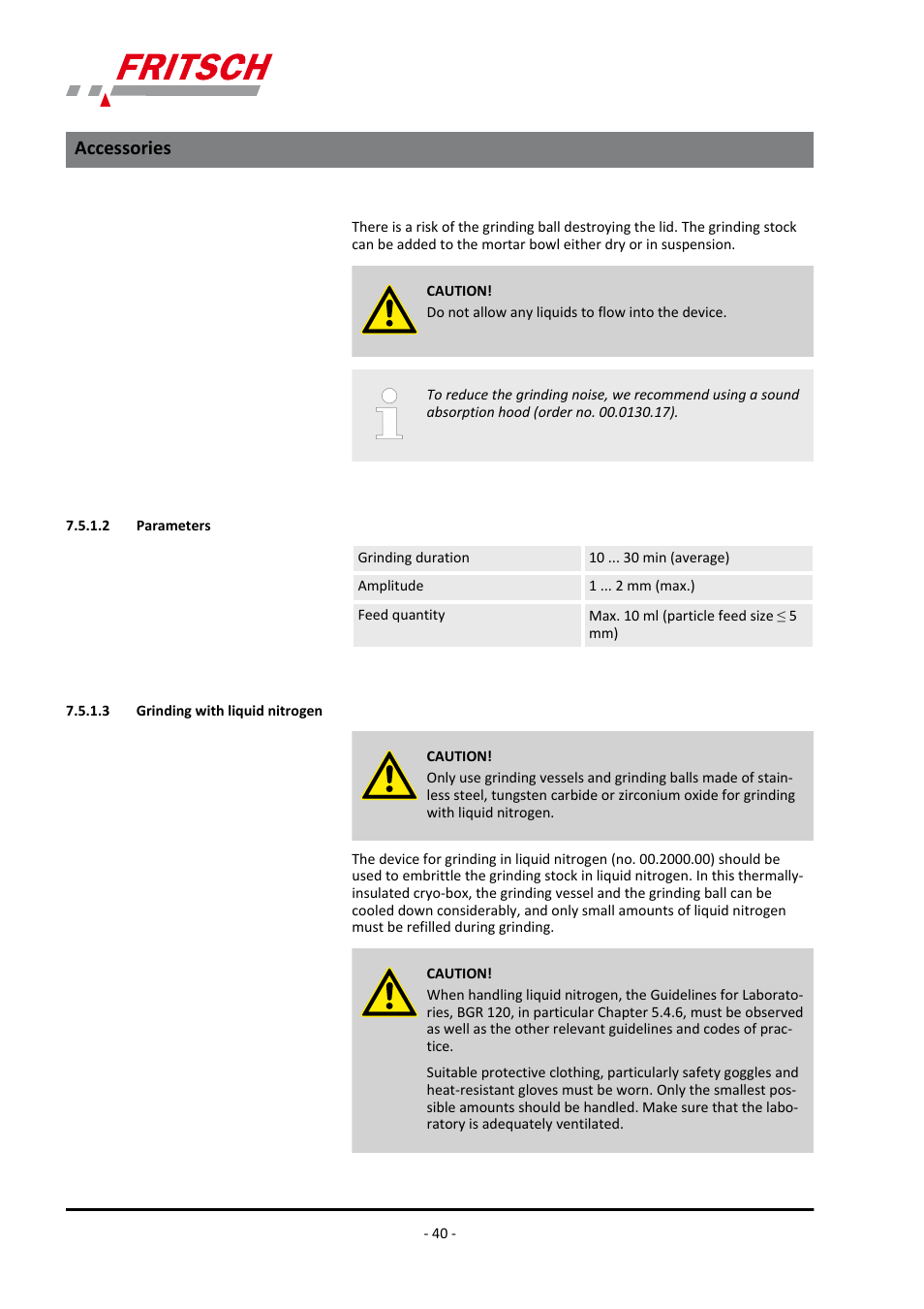 2 parameters, 3 grinding with liquid nitrogen, 2 parameters 7.5.1.3 grinding with liquid nitrogen | Accessories | FRITSCH ANALYSETTE 3 PRO User Manual | Page 40 / 56