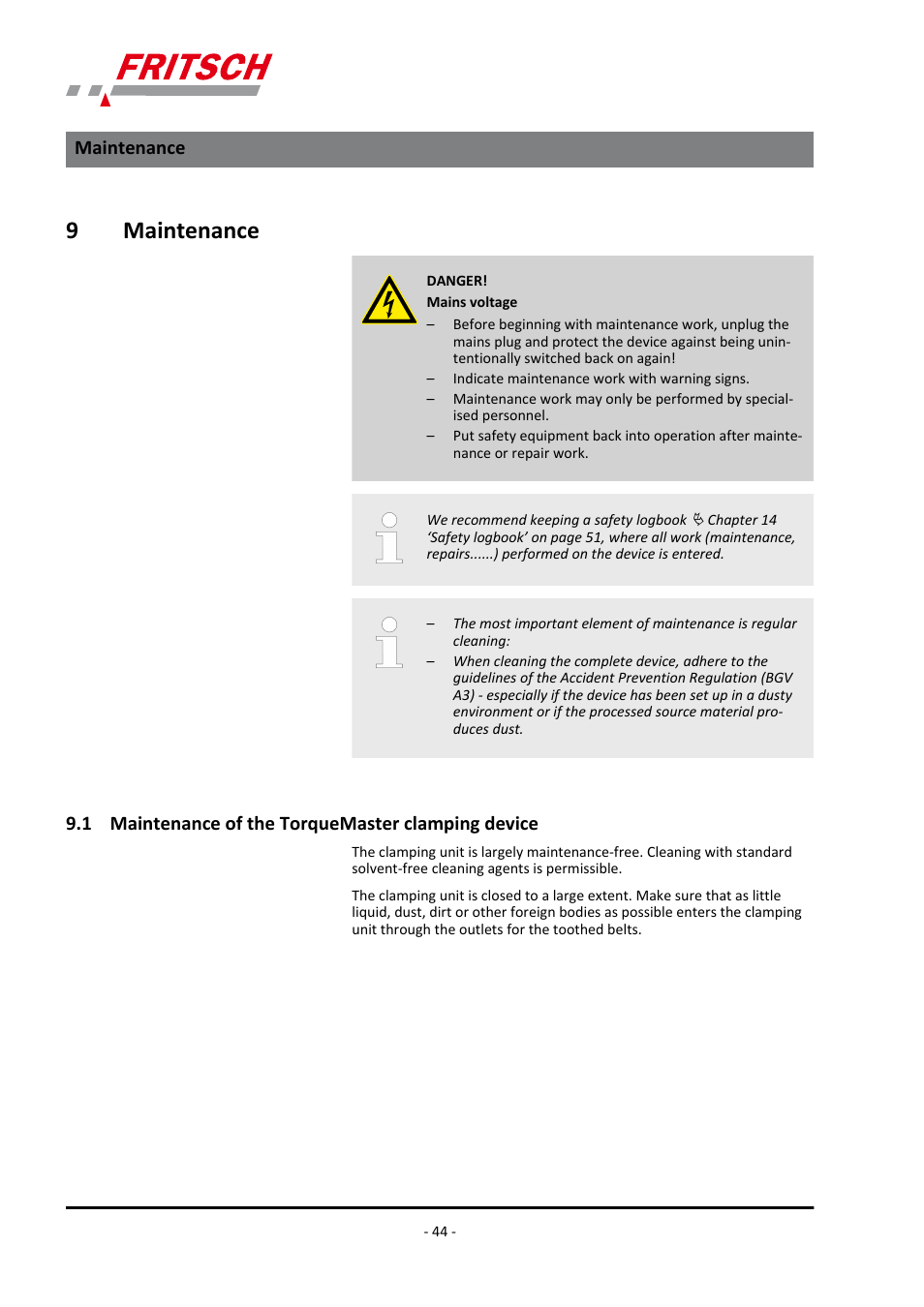 9 maintenance, 1 maintenance of the torquemaster clamping device, 9maintenance | FRITSCH ANALYSETTE 3 PRO User Manual | Page 44 / 56