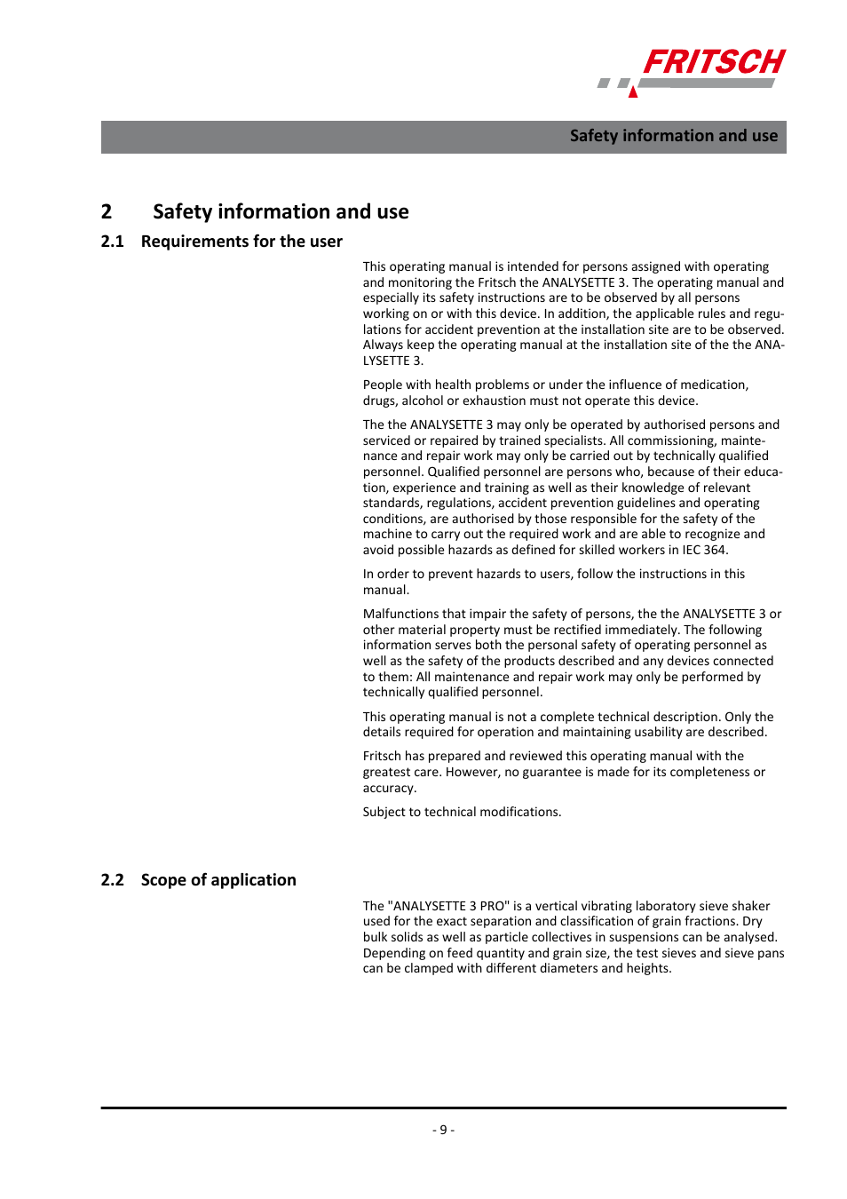 2 safety information and use, 1 requirements for the user, 2 scope of application | 2safety information and use | FRITSCH ANALYSETTE 3 PRO User Manual | Page 9 / 56