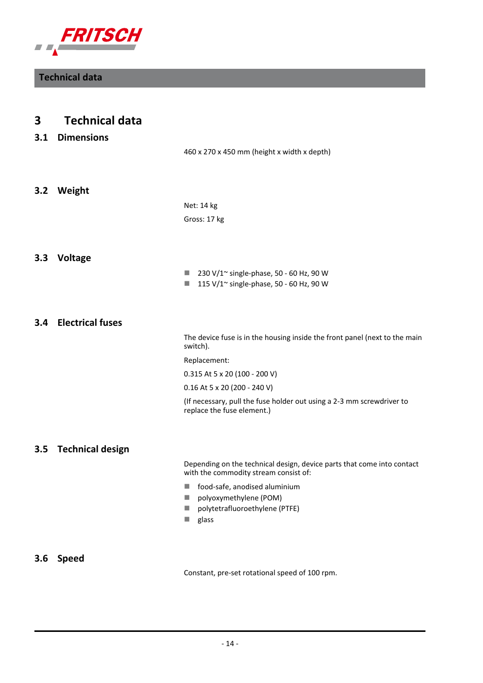 3 technical data, 1 dimensions, 2 weight | 3 voltage, 4 electrical fuses, 5 technical design, 6 speed, 3technical data | FRITSCH LABORETTE 27 User Manual | Page 14 / 36