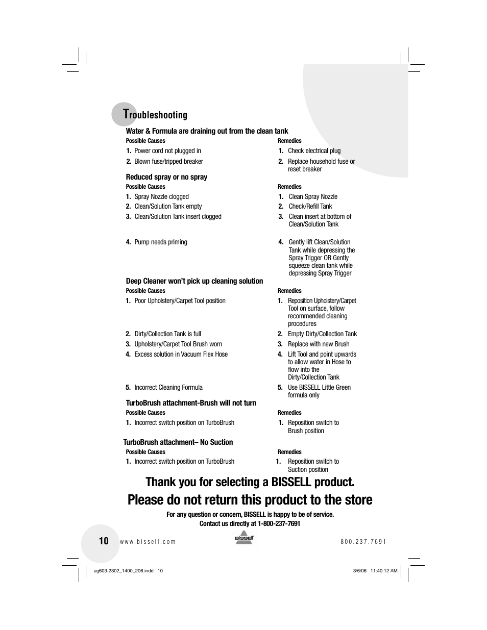 Please do not return this product to the store, Roubleshooting 10 | Bissell LITTLE GREEN 1400 series User Manual | Page 10 / 12