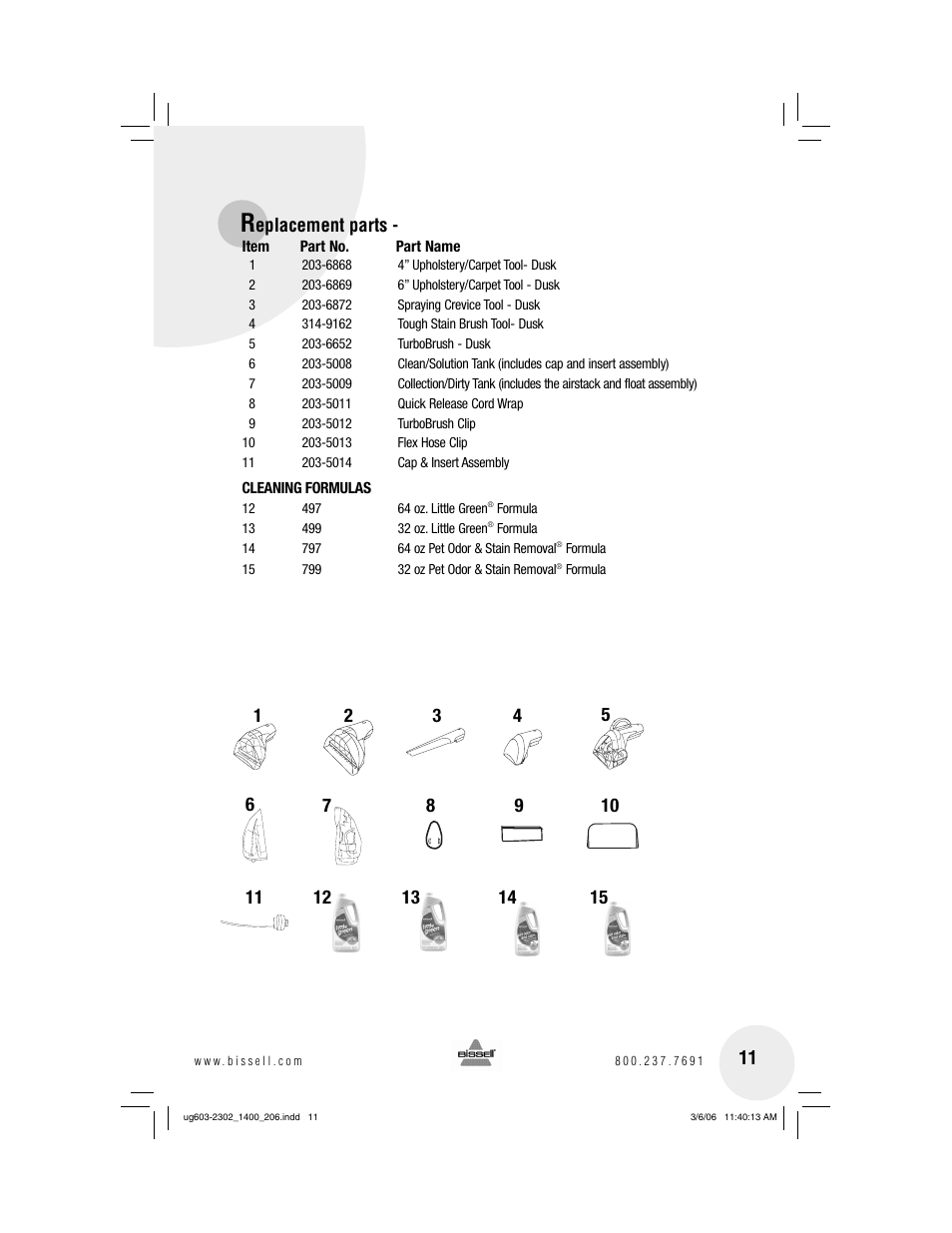Eplacement parts - 11 | Bissell LITTLE GREEN 1400 series User Manual | Page 11 / 12