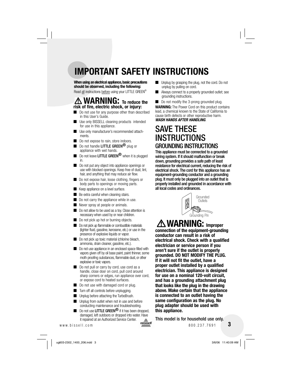 Important safety instructions, Warning, Save these instructions | Grounding instructions | Bissell LITTLE GREEN 1400 series User Manual | Page 3 / 12