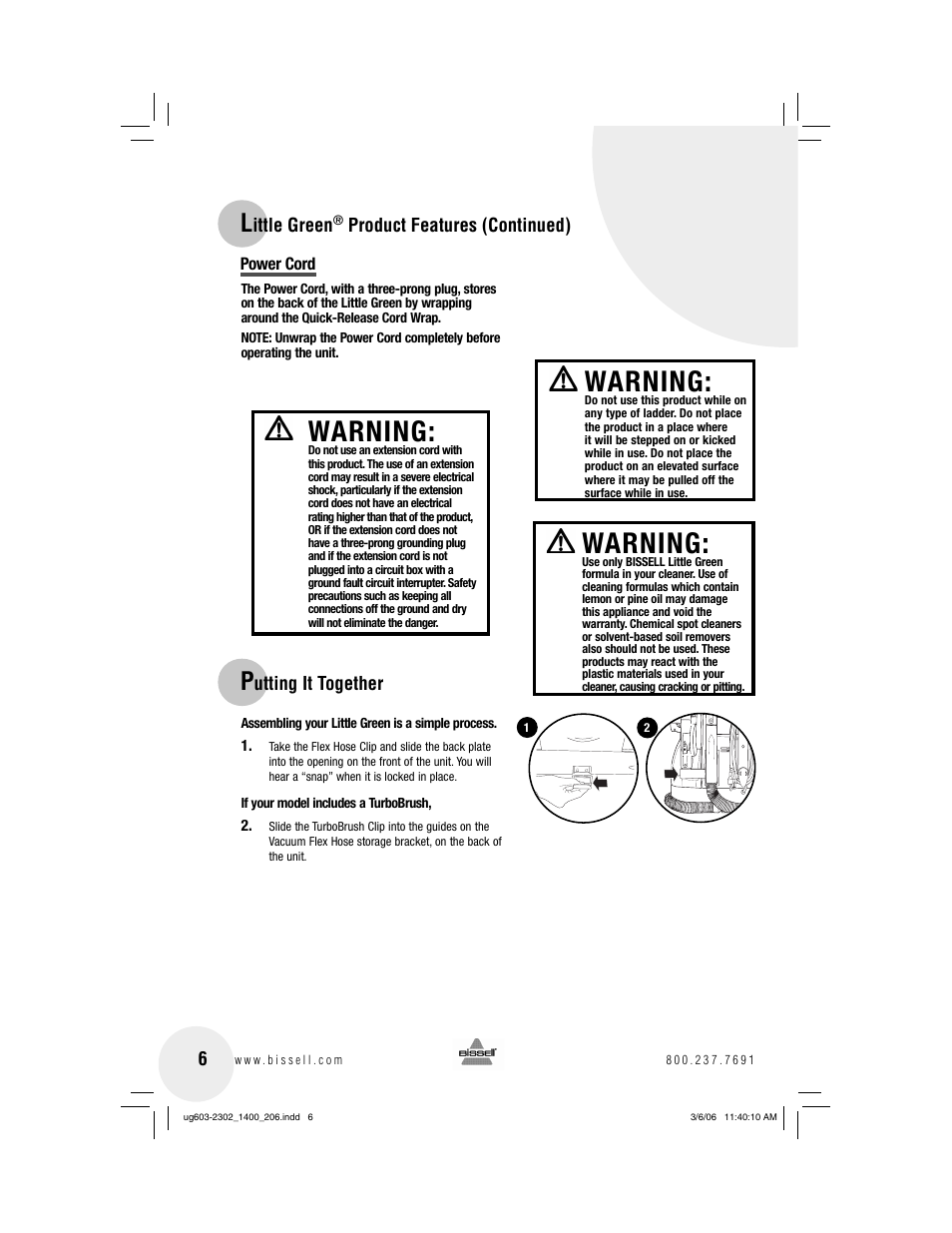 Warning | Bissell LITTLE GREEN 1400 series User Manual | Page 6 / 12