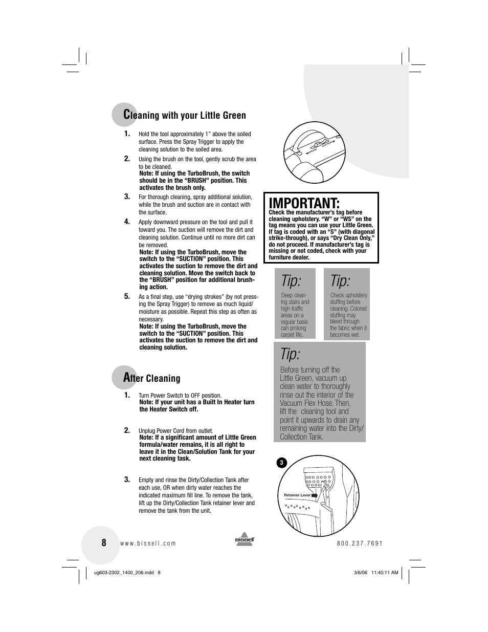 Important, Leaning with your little green, Fter cleaning | Bissell LITTLE GREEN 1400 series User Manual | Page 8 / 12