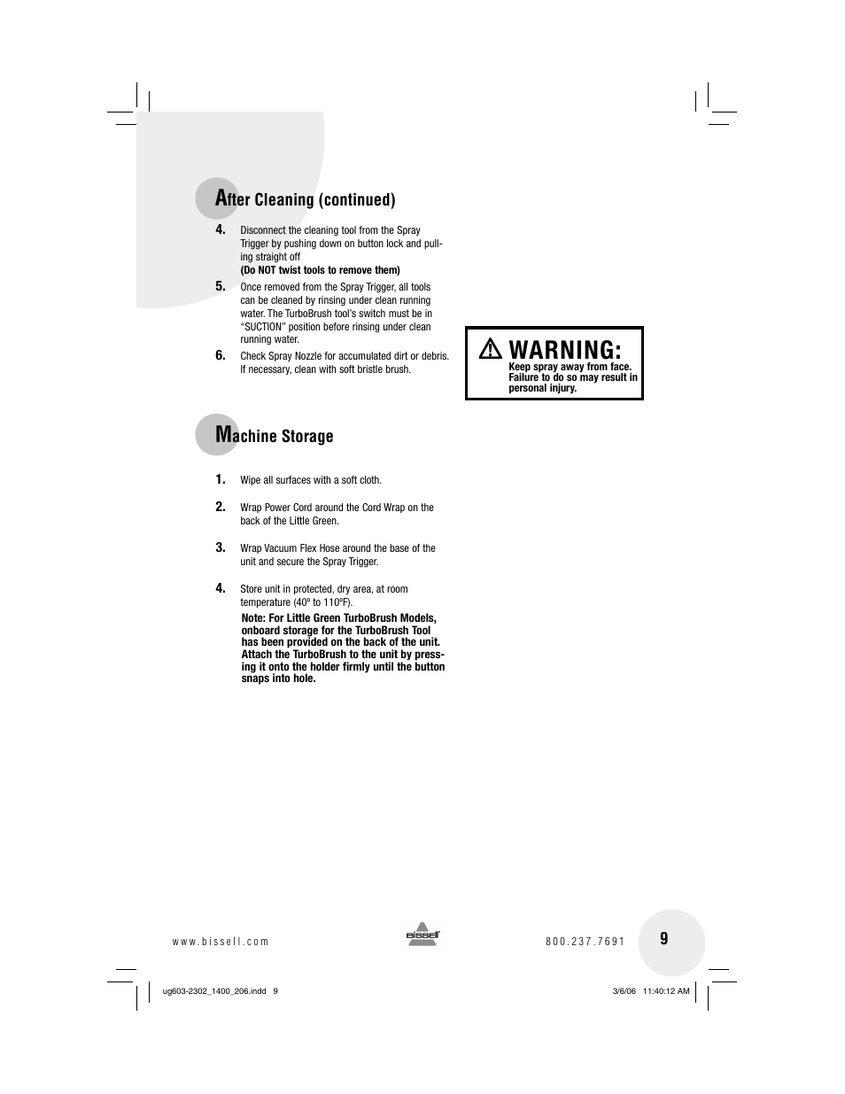 Warning, Fter cleaning (continued), Achine storage 9 | Bissell LITTLE GREEN 1400 series User Manual | Page 9 / 12