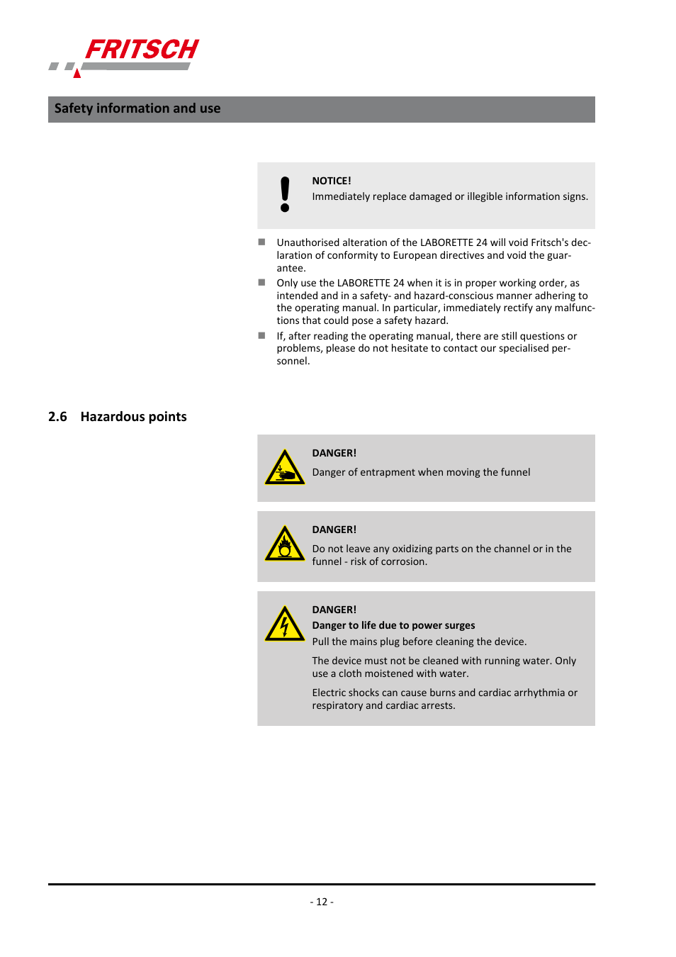 6 ​​hazardous points, 6 hazardous points, Safety information and use | FRITSCH LABORETTE 24 with V-shaped channel User Manual | Page 12 / 40
