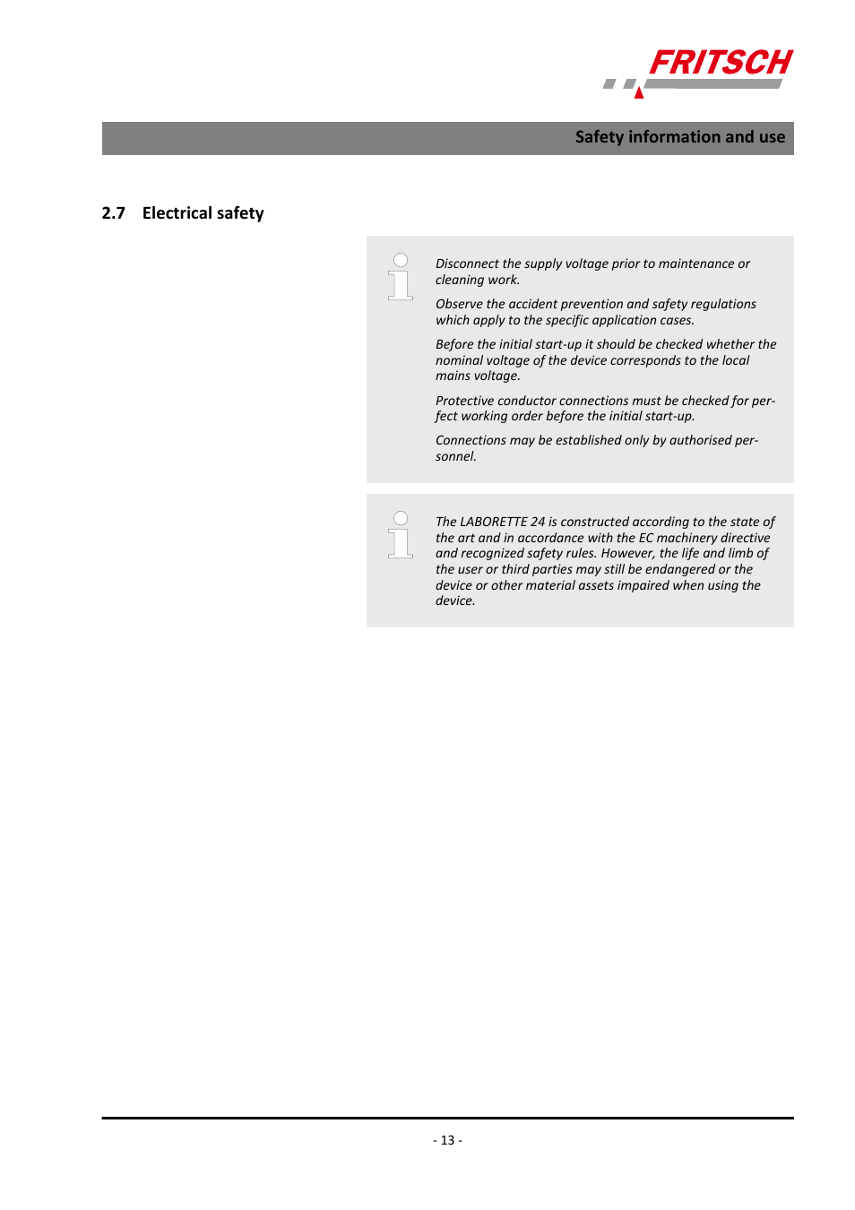 7 ​​electrical safety, 7 electrical safety, Safety information and use | FRITSCH LABORETTE 24 with V-shaped channel User Manual | Page 13 / 40