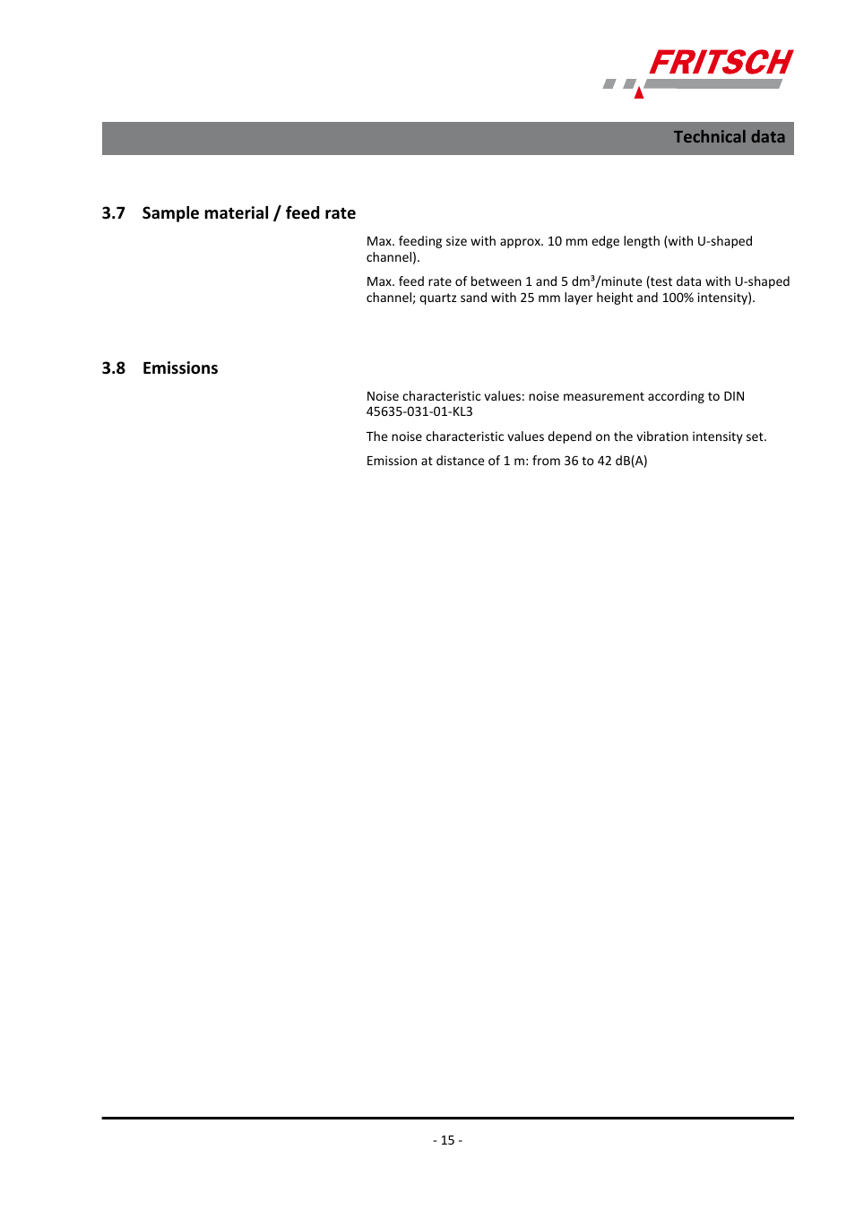 7 ​​sample material / feed rate, 8 ​​emissions, 7 sample material / feed rate 3.8 emissions | FRITSCH LABORETTE 24 with V-shaped channel User Manual | Page 15 / 40