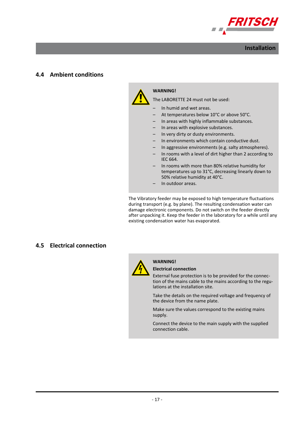 4 ​​ambient conditions, 5 ​​electrical connection, 4 ambient conditions 4.5 electrical connection | 4 ambient conditions, 5 electrical connection, Installation | FRITSCH LABORETTE 24 with V-shaped channel User Manual | Page 17 / 40