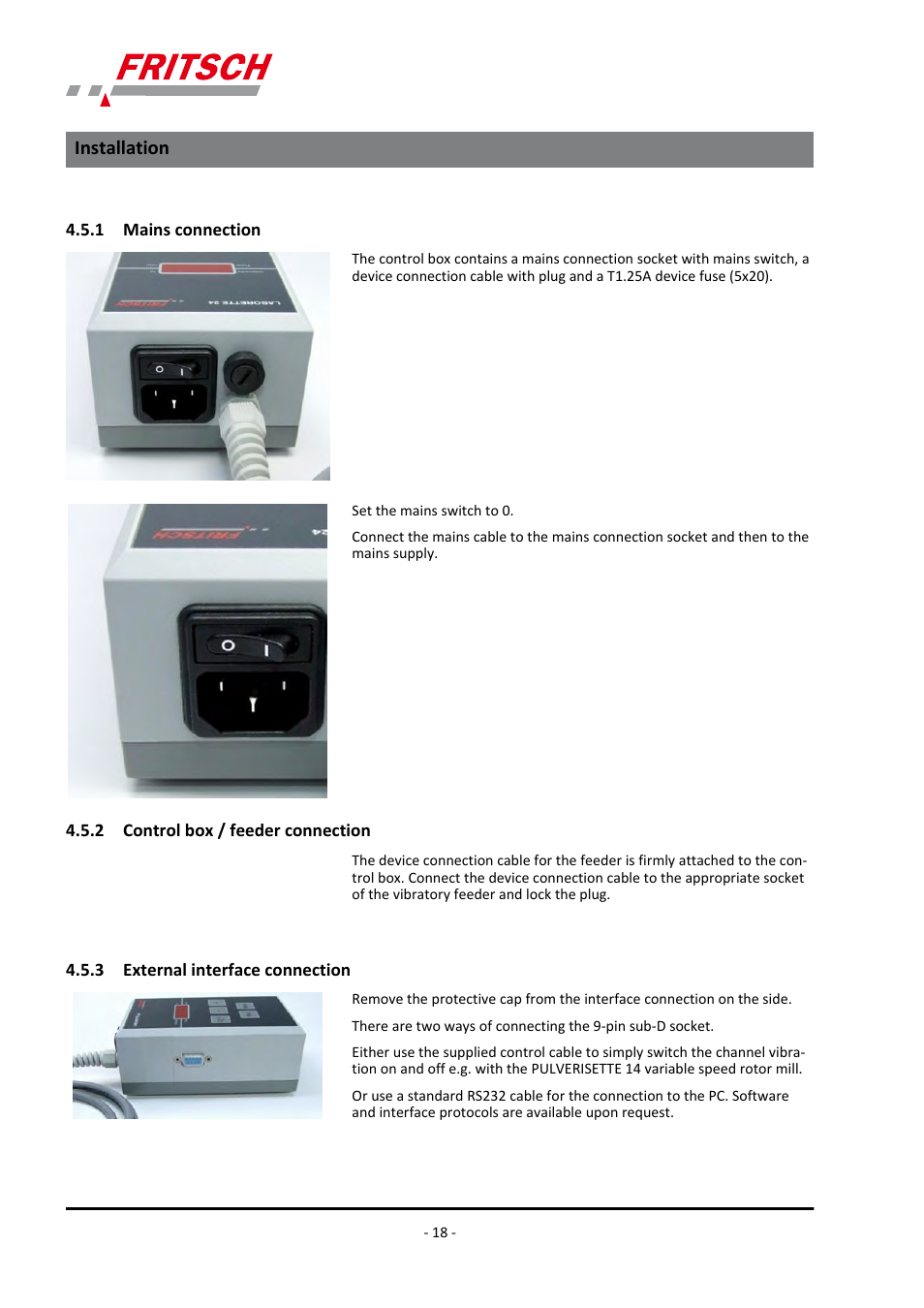 1 ​​mains connection, 2 ​​control box / feeder connection, 3 ​​external interface connection | Installation | FRITSCH LABORETTE 24 with V-shaped channel User Manual | Page 18 / 40