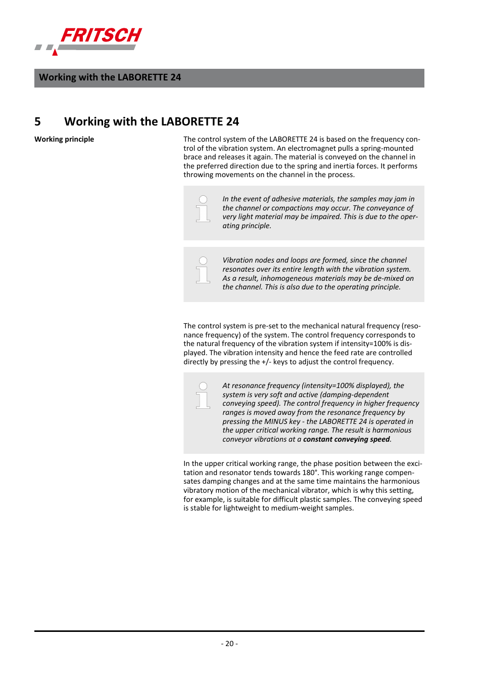 5 ​​working with the laborette 24, Working with the laborette 24, 5working with the laborette 24 | FRITSCH LABORETTE 24 with V-shaped channel User Manual | Page 20 / 40