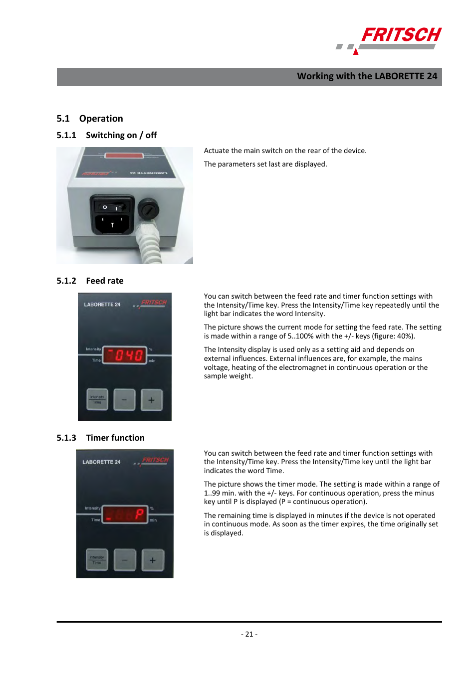 1 ​​operation, 1 ​​switching on / off, 2 ​​feed rate | 3 ​​timer function | FRITSCH LABORETTE 24 with V-shaped channel User Manual | Page 21 / 40