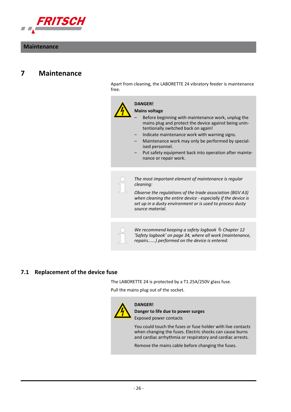 7 ​​maintenance, 1 ​​replacement of the device fuse, Maintenance 7.1 replacement of the device fuse | 7maintenance | FRITSCH LABORETTE 24 with V-shaped channel User Manual | Page 26 / 40