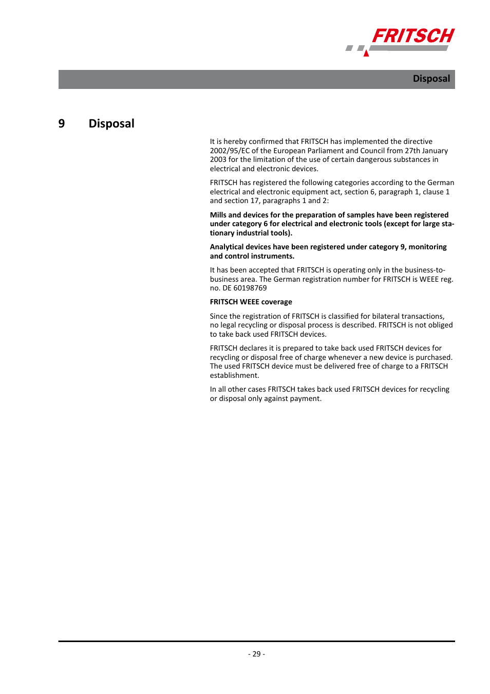 9 ​​disposal, Disposal, 9disposal | FRITSCH LABORETTE 24 with V-shaped channel User Manual | Page 29 / 40