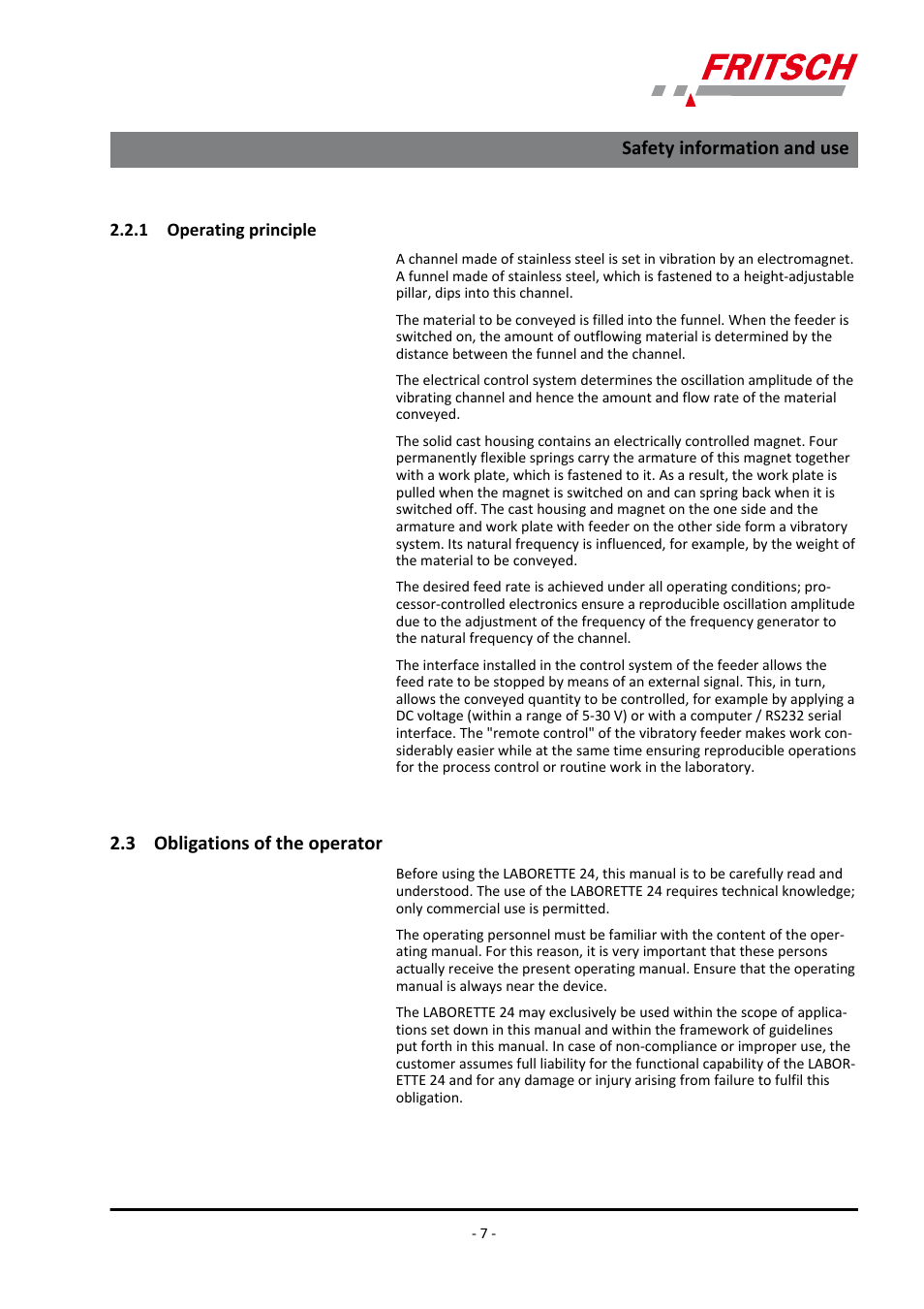 1 ​​operating principle, 3 ​​obligations of the operator, 3 obligations of the operator | Safety information and use | FRITSCH LABORETTE 24 with V-shaped channel User Manual | Page 7 / 40