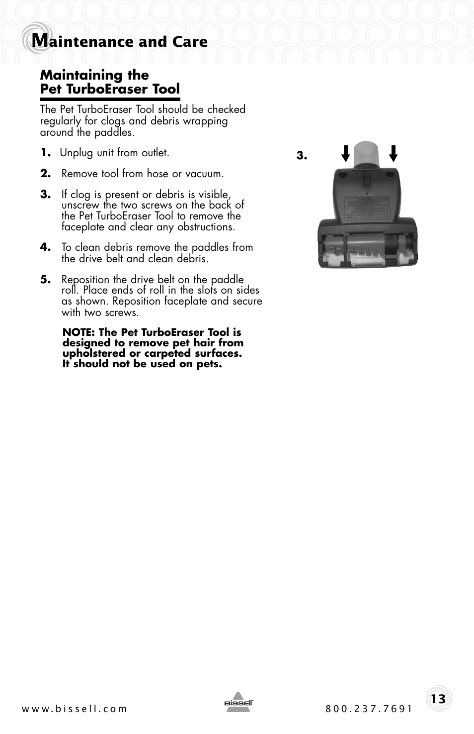 Aintenance and care, Maintaining the pet turboeraser tool | Bissell 61C5-G User Manual | Page 13 / 20