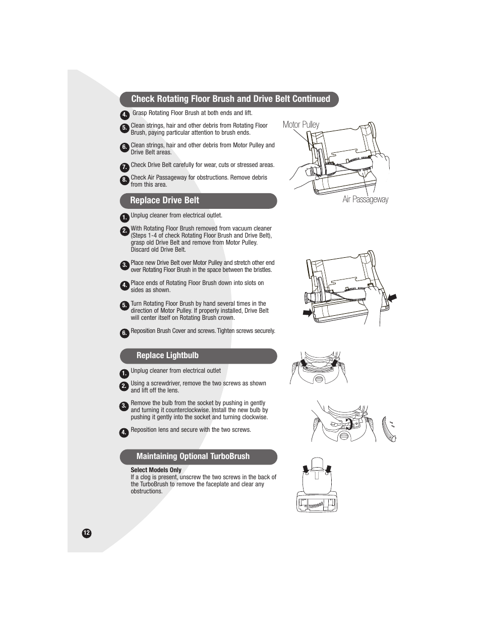 Air passageway motor pulley, Replace lightbulb, Maintaining optional turbobrush | Bissell 6590 User Manual | Page 12 / 16