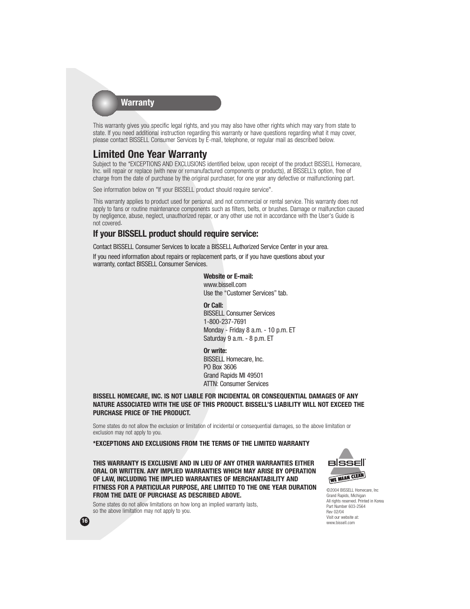 Limited one year warranty, Warranty, If your bissell product should require service | Bissell 6590 User Manual | Page 16 / 16