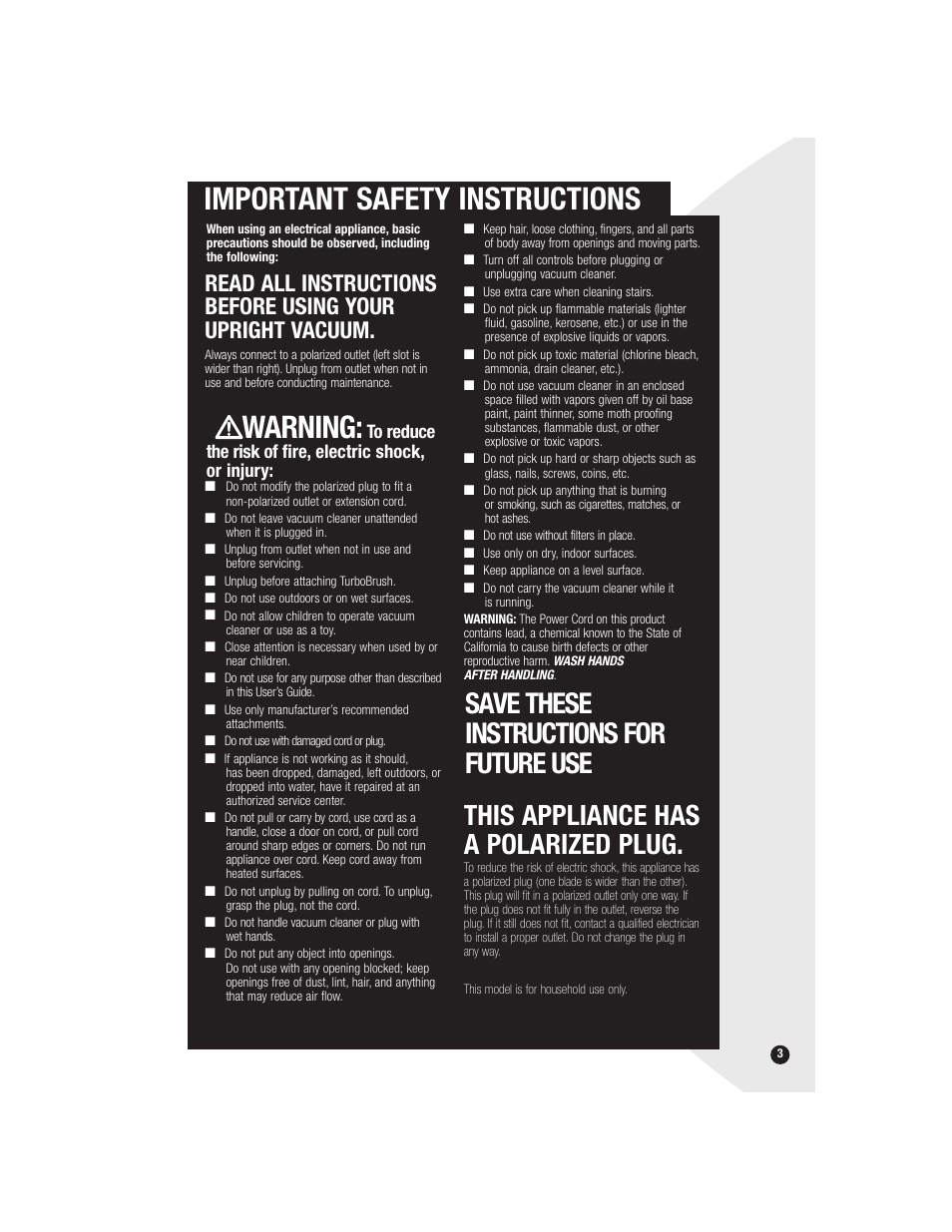 Important safety instructions, Warning | Bissell 6590 User Manual | Page 3 / 16