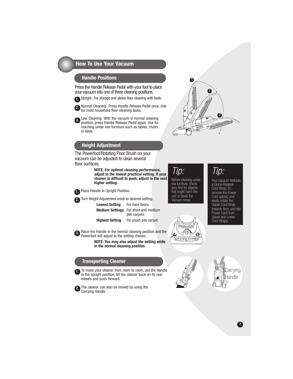 How to use your vacuum, Carrying handle | Bissell 6590 User Manual | Page 7 / 16