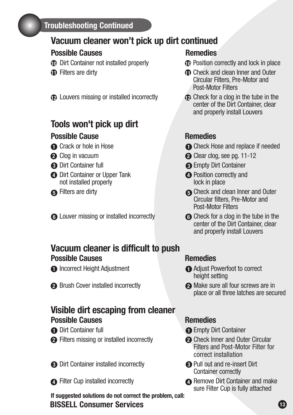 Vacuum cleaner won’t pick up dirt continued, Tools won't pick up dirt, Vacuum cleaner is difficult to push | Visible dirt escaping from cleaner, Possible causes, Remedies, Possible cause remedies, Possible causes remedies | Bissell 20Q9 User Manual | Page 13 / 16